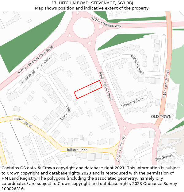 17, HITCHIN ROAD, STEVENAGE, SG1 3BJ: Location map and indicative extent of plot