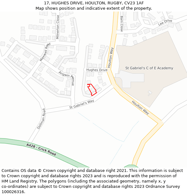 17, HUGHES DRIVE, HOULTON, RUGBY, CV23 1AF: Location map and indicative extent of plot