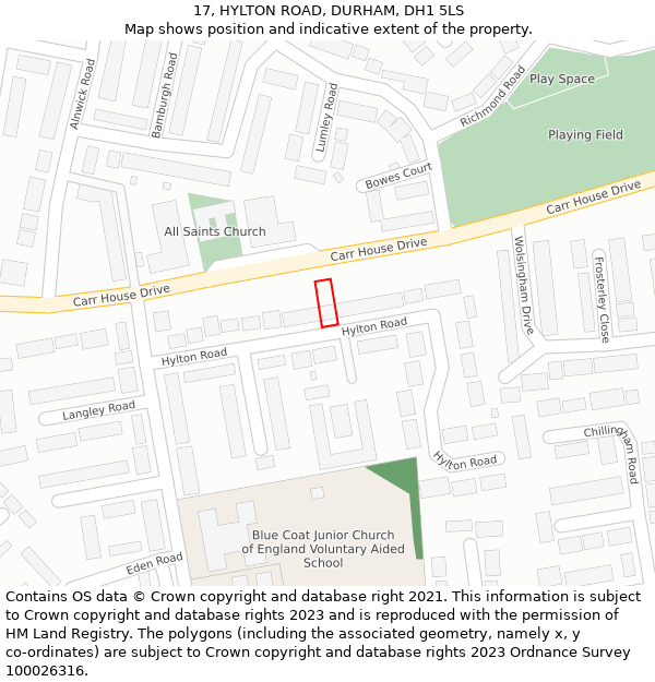 17, HYLTON ROAD, DURHAM, DH1 5LS: Location map and indicative extent of plot