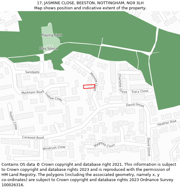 17, JASMINE CLOSE, BEESTON, NOTTINGHAM, NG9 3LH: Location map and indicative extent of plot