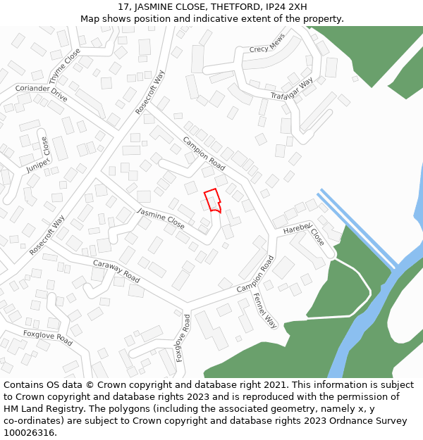 17, JASMINE CLOSE, THETFORD, IP24 2XH: Location map and indicative extent of plot