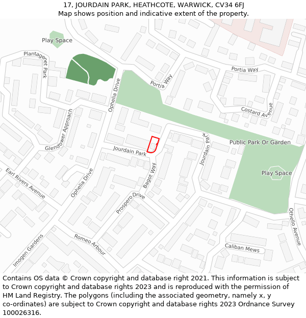 17, JOURDAIN PARK, HEATHCOTE, WARWICK, CV34 6FJ: Location map and indicative extent of plot