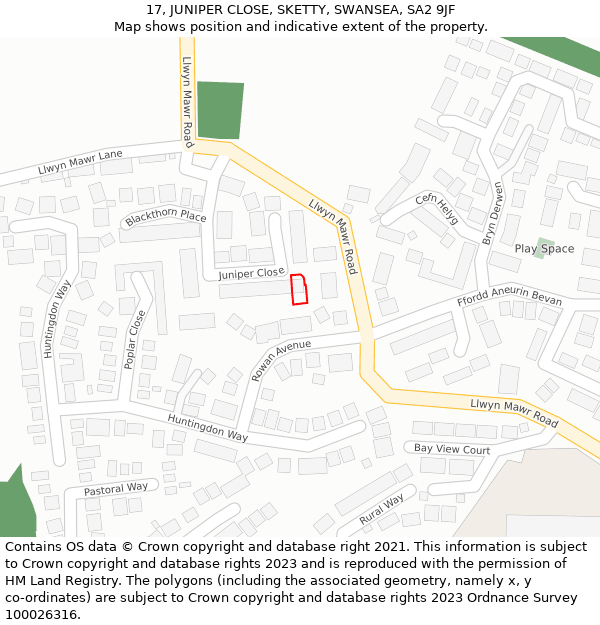 17, JUNIPER CLOSE, SKETTY, SWANSEA, SA2 9JF: Location map and indicative extent of plot