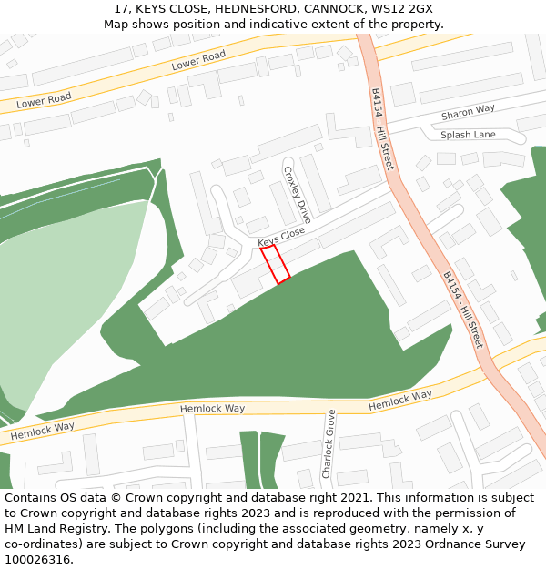 17, KEYS CLOSE, HEDNESFORD, CANNOCK, WS12 2GX: Location map and indicative extent of plot