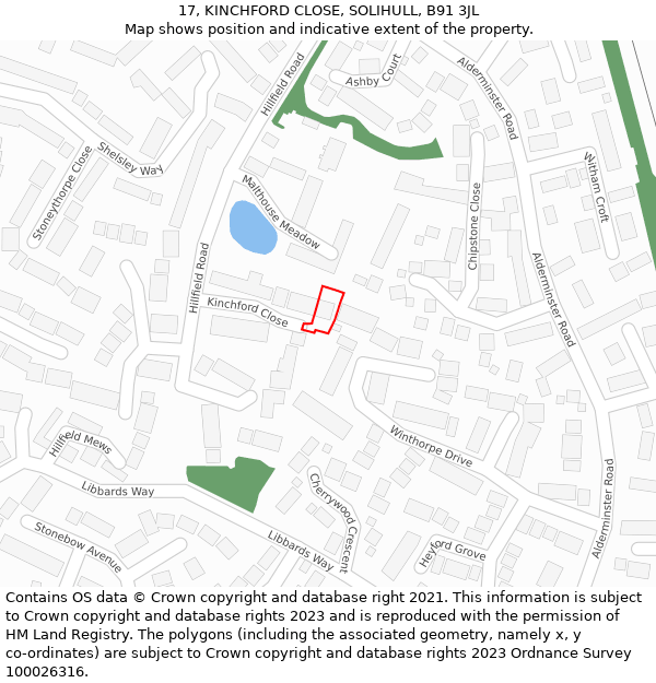 17, KINCHFORD CLOSE, SOLIHULL, B91 3JL: Location map and indicative extent of plot