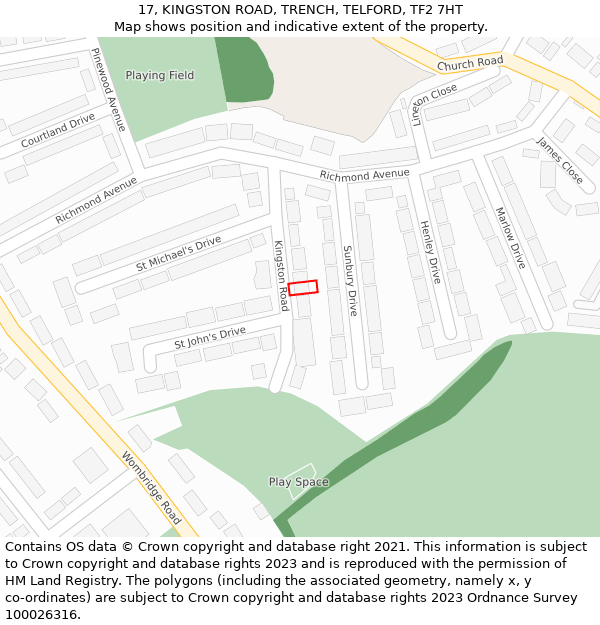 17, KINGSTON ROAD, TRENCH, TELFORD, TF2 7HT: Location map and indicative extent of plot