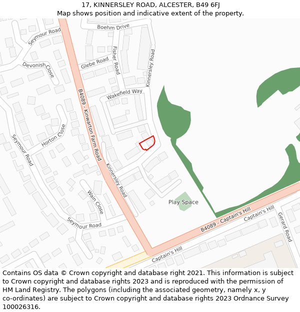 17, KINNERSLEY ROAD, ALCESTER, B49 6FJ: Location map and indicative extent of plot