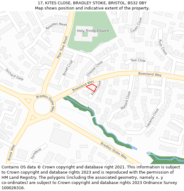 17, KITES CLOSE, BRADLEY STOKE, BRISTOL, BS32 0BY: Location map and indicative extent of plot