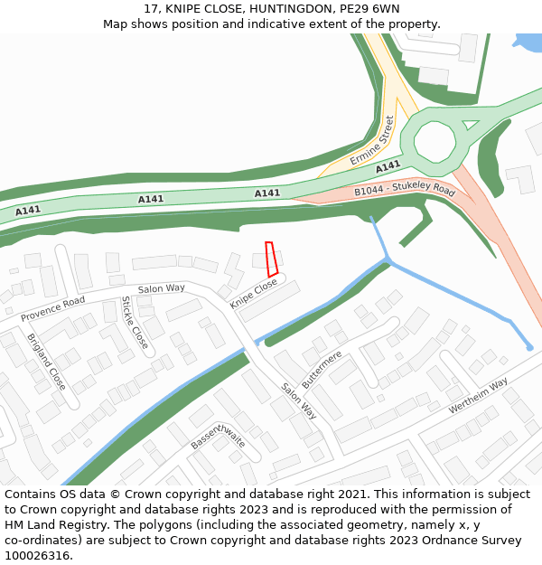 17, KNIPE CLOSE, HUNTINGDON, PE29 6WN: Location map and indicative extent of plot