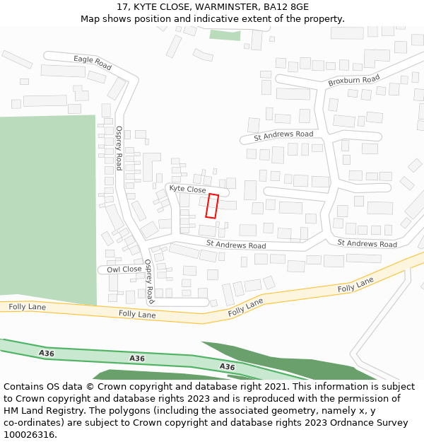 17, KYTE CLOSE, WARMINSTER, BA12 8GE: Location map and indicative extent of plot