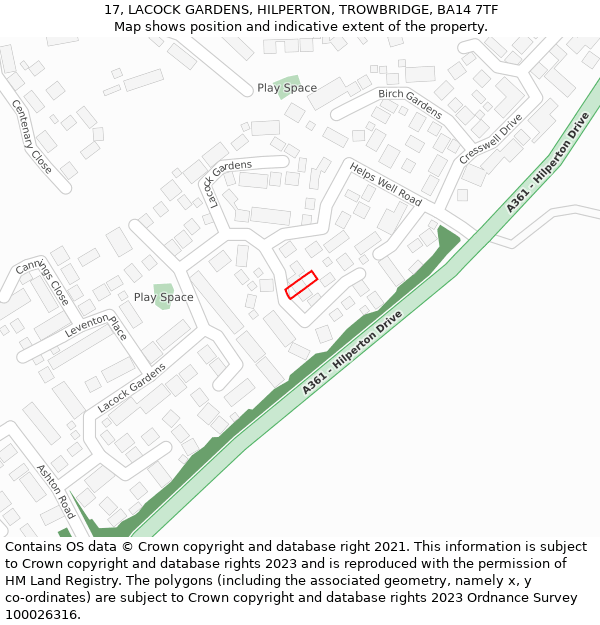 17, LACOCK GARDENS, HILPERTON, TROWBRIDGE, BA14 7TF: Location map and indicative extent of plot