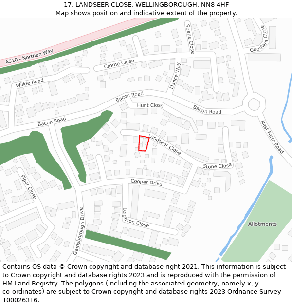 17, LANDSEER CLOSE, WELLINGBOROUGH, NN8 4HF: Location map and indicative extent of plot