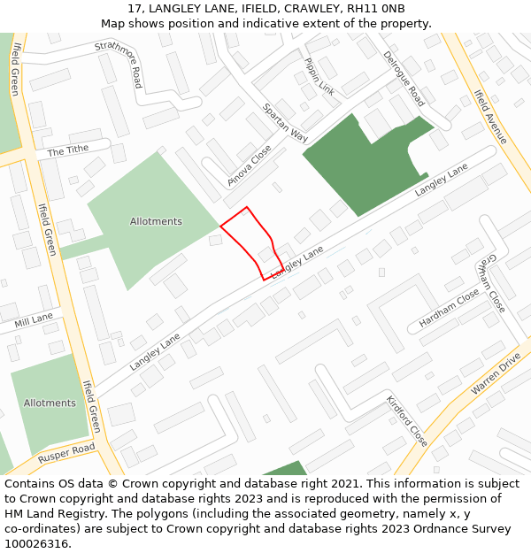 17, LANGLEY LANE, IFIELD, CRAWLEY, RH11 0NB: Location map and indicative extent of plot