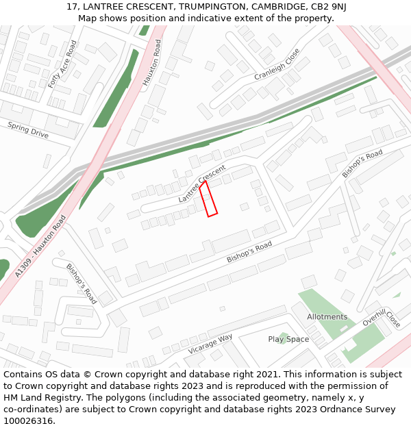 17, LANTREE CRESCENT, TRUMPINGTON, CAMBRIDGE, CB2 9NJ: Location map and indicative extent of plot