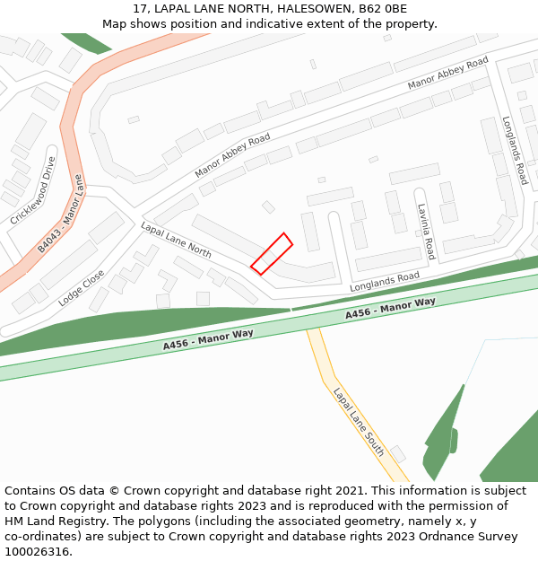 17, LAPAL LANE NORTH, HALESOWEN, B62 0BE: Location map and indicative extent of plot