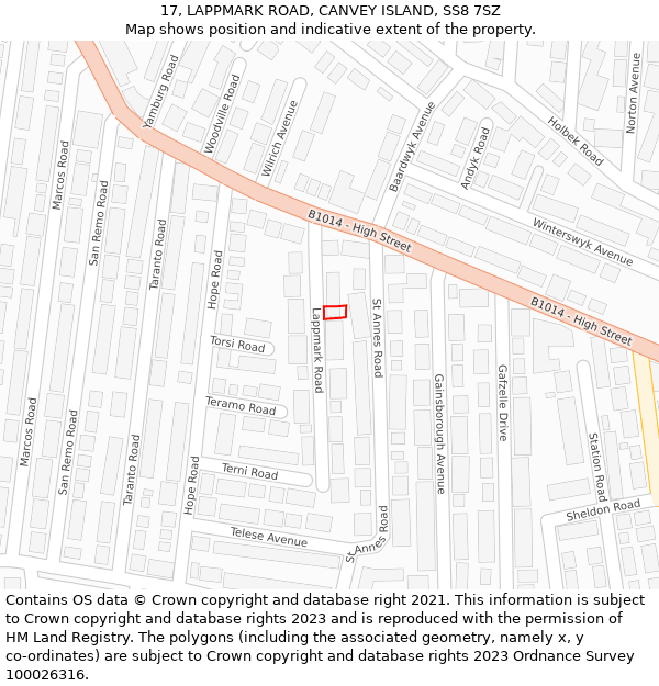 17, LAPPMARK ROAD, CANVEY ISLAND, SS8 7SZ: Location map and indicative extent of plot