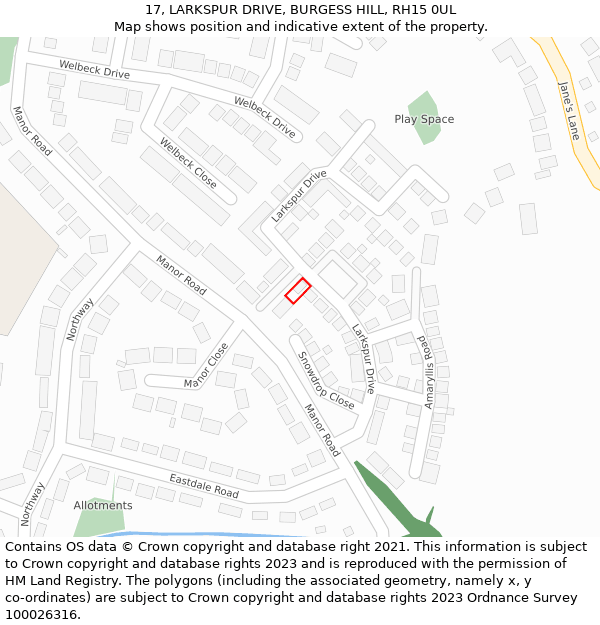 17, LARKSPUR DRIVE, BURGESS HILL, RH15 0UL: Location map and indicative extent of plot