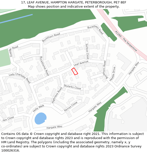 17, LEAF AVENUE, HAMPTON HARGATE, PETERBOROUGH, PE7 8EF: Location map and indicative extent of plot