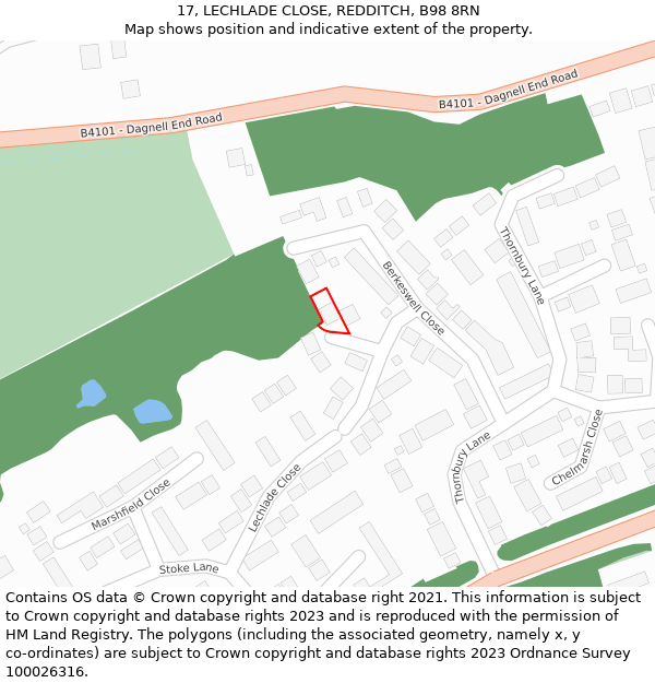 17, LECHLADE CLOSE, REDDITCH, B98 8RN: Location map and indicative extent of plot