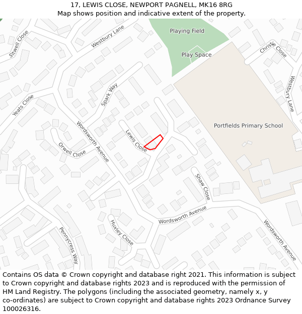 17, LEWIS CLOSE, NEWPORT PAGNELL, MK16 8RG: Location map and indicative extent of plot