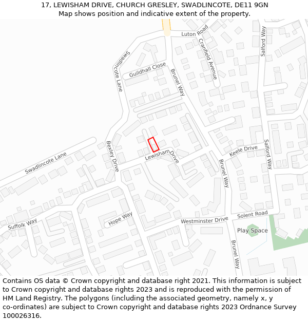 17, LEWISHAM DRIVE, CHURCH GRESLEY, SWADLINCOTE, DE11 9GN: Location map and indicative extent of plot