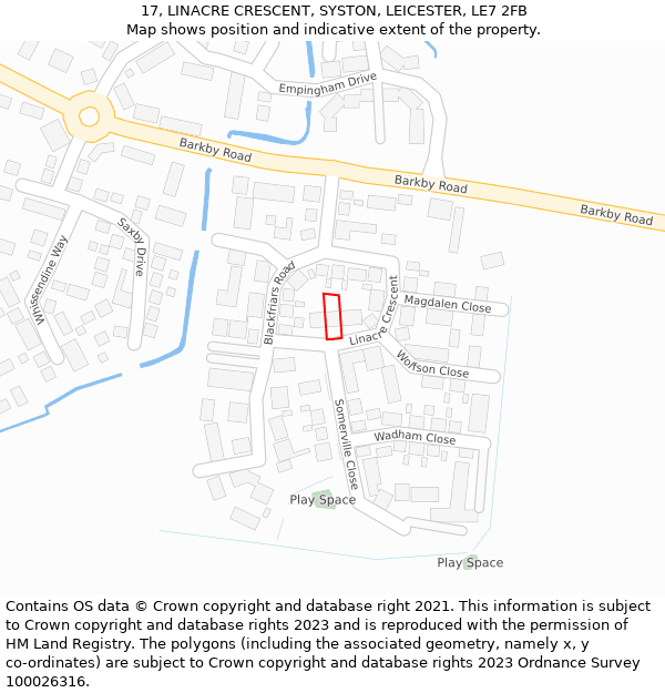 17, LINACRE CRESCENT, SYSTON, LEICESTER, LE7 2FB: Location map and indicative extent of plot