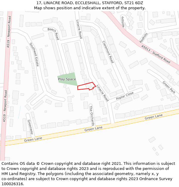 17, LINACRE ROAD, ECCLESHALL, STAFFORD, ST21 6DZ: Location map and indicative extent of plot