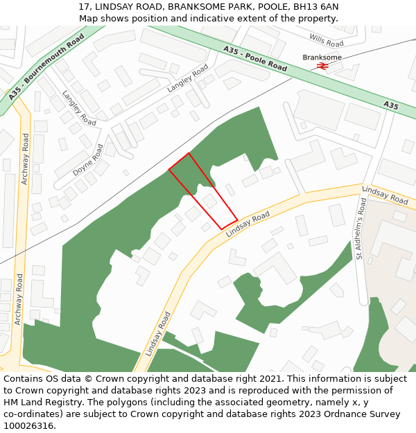 17, LINDSAY ROAD, BRANKSOME PARK, POOLE, BH13 6AN: Location map and indicative extent of plot
