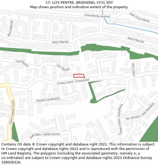 17, LLYS PENTRE, BRIDGEND, CF31 5DY: Location map and indicative extent of plot