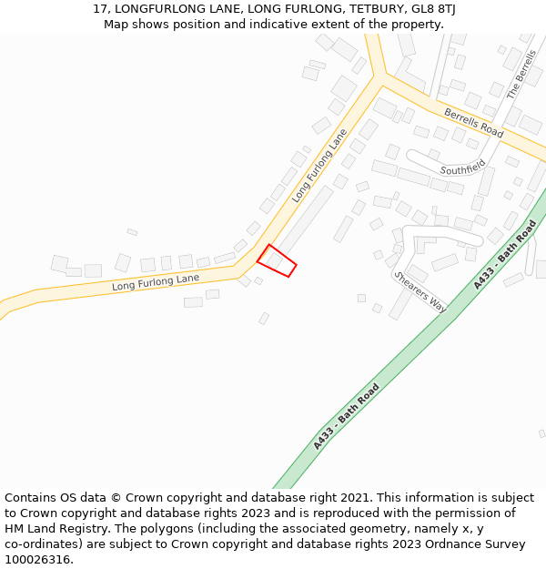 17, LONGFURLONG LANE, LONG FURLONG, TETBURY, GL8 8TJ: Location map and indicative extent of plot