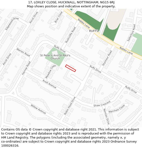 17, LOXLEY CLOSE, HUCKNALL, NOTTINGHAM, NG15 6RJ: Location map and indicative extent of plot