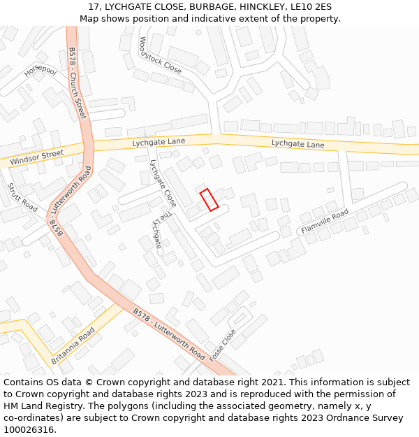 17, LYCHGATE CLOSE, BURBAGE, HINCKLEY, LE10 2ES: Location map and indicative extent of plot