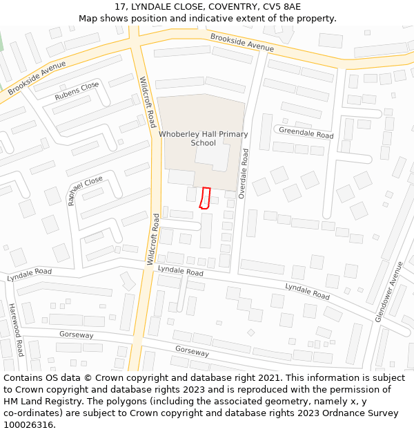 17, LYNDALE CLOSE, COVENTRY, CV5 8AE: Location map and indicative extent of plot