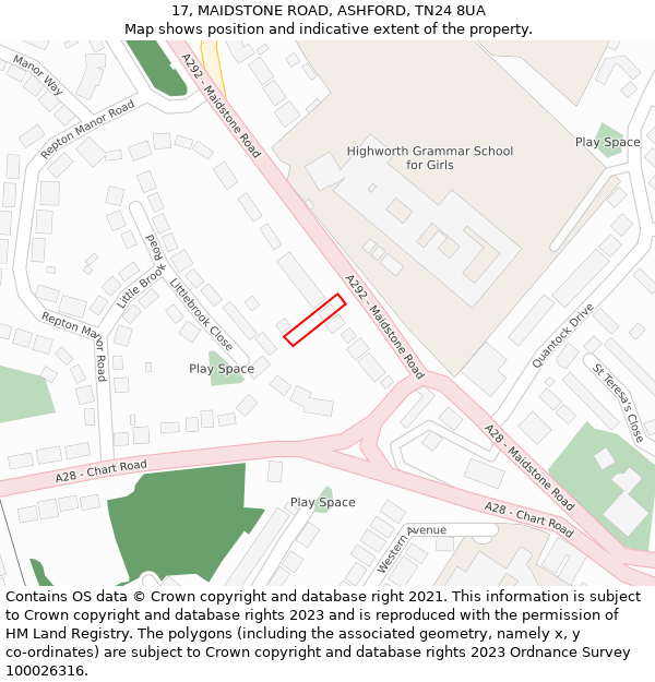 17, MAIDSTONE ROAD, ASHFORD, TN24 8UA: Location map and indicative extent of plot