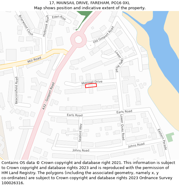 17, MAINSAIL DRIVE, FAREHAM, PO16 0XL: Location map and indicative extent of plot