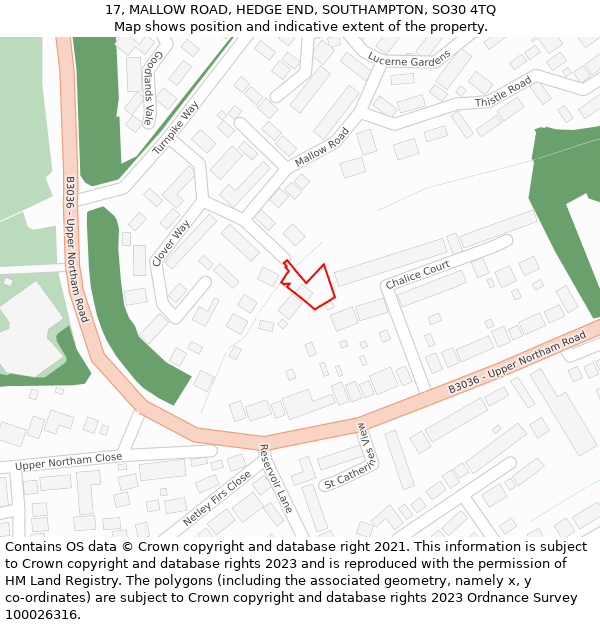 17, MALLOW ROAD, HEDGE END, SOUTHAMPTON, SO30 4TQ: Location map and indicative extent of plot