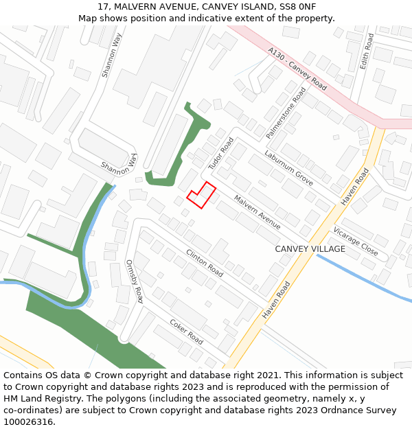 17, MALVERN AVENUE, CANVEY ISLAND, SS8 0NF: Location map and indicative extent of plot