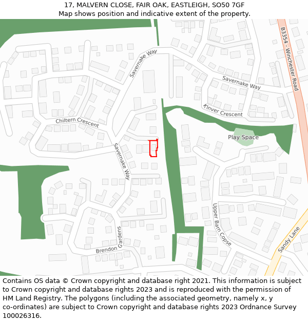 17, MALVERN CLOSE, FAIR OAK, EASTLEIGH, SO50 7GF: Location map and indicative extent of plot