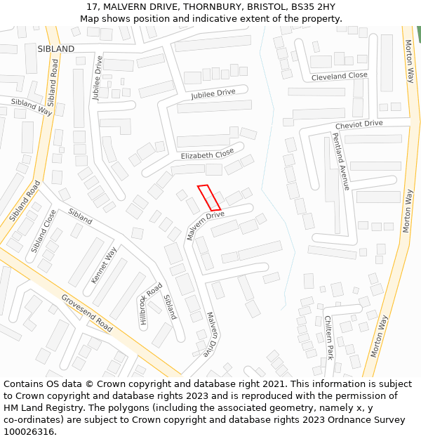 17, MALVERN DRIVE, THORNBURY, BRISTOL, BS35 2HY: Location map and indicative extent of plot