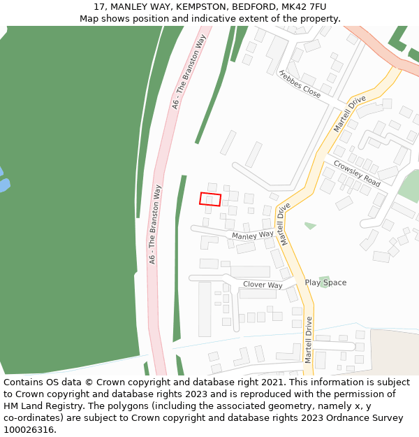 17, MANLEY WAY, KEMPSTON, BEDFORD, MK42 7FU: Location map and indicative extent of plot