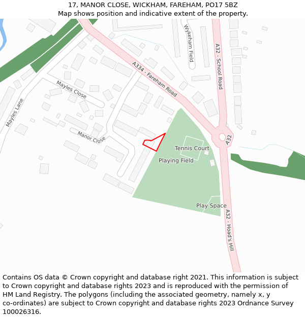 17, MANOR CLOSE, WICKHAM, FAREHAM, PO17 5BZ: Location map and indicative extent of plot