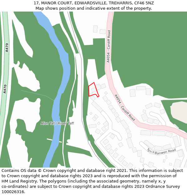17, MANOR COURT, EDWARDSVILLE, TREHARRIS, CF46 5NZ: Location map and indicative extent of plot