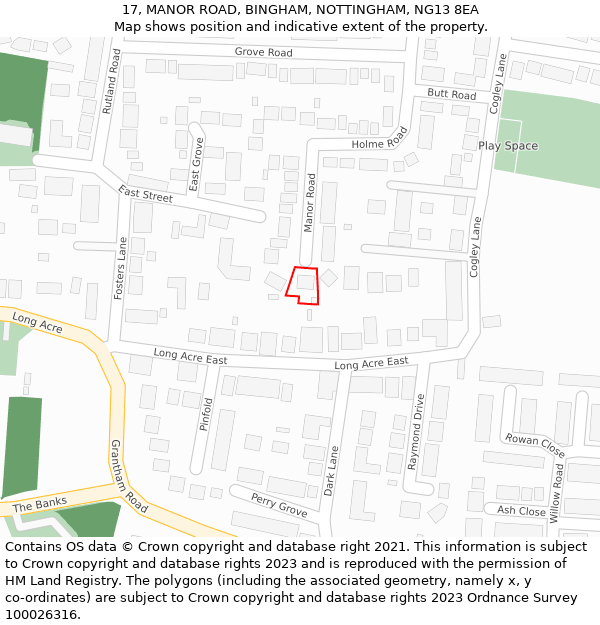 17, MANOR ROAD, BINGHAM, NOTTINGHAM, NG13 8EA: Location map and indicative extent of plot