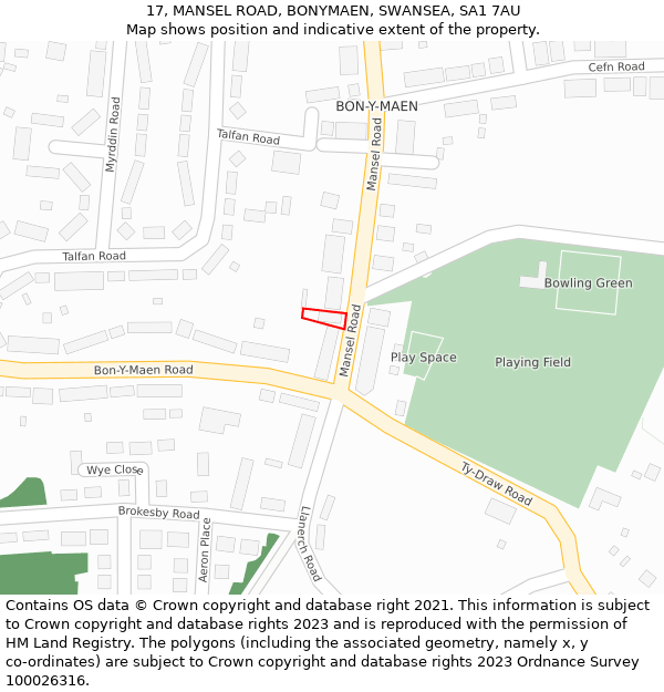 17, MANSEL ROAD, BONYMAEN, SWANSEA, SA1 7AU: Location map and indicative extent of plot