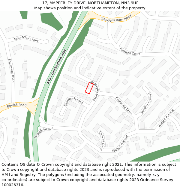 17, MAPPERLEY DRIVE, NORTHAMPTON, NN3 9UF: Location map and indicative extent of plot