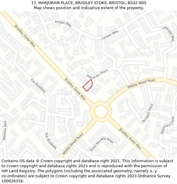 17, MARJORAM PLACE, BRADLEY STOKE, BRISTOL, BS32 0DS: Location map and indicative extent of plot