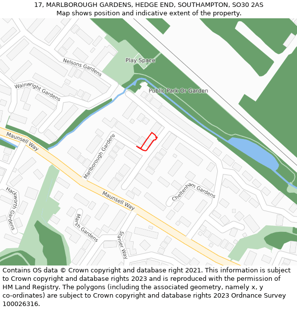 17, MARLBOROUGH GARDENS, HEDGE END, SOUTHAMPTON, SO30 2AS: Location map and indicative extent of plot