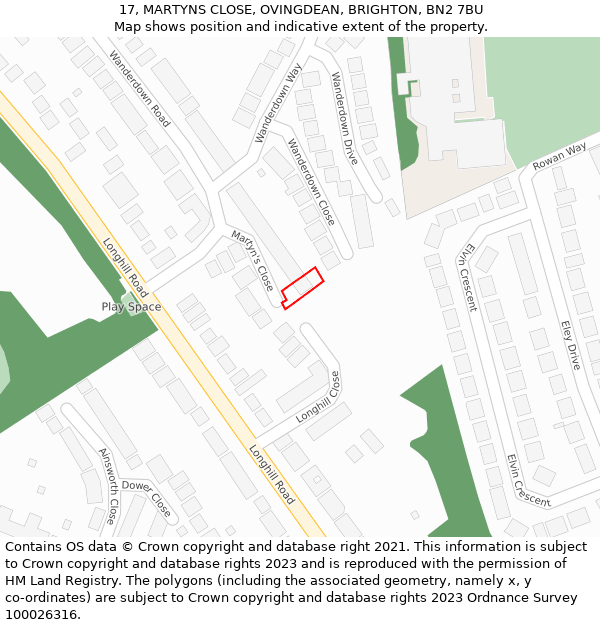 17, MARTYNS CLOSE, OVINGDEAN, BRIGHTON, BN2 7BU: Location map and indicative extent of plot