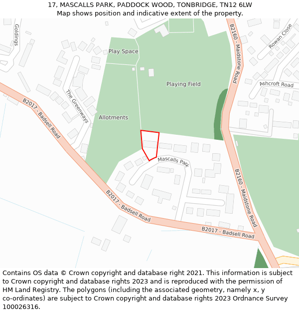 17, MASCALLS PARK, PADDOCK WOOD, TONBRIDGE, TN12 6LW: Location map and indicative extent of plot