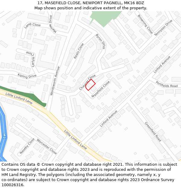 17, MASEFIELD CLOSE, NEWPORT PAGNELL, MK16 8DZ: Location map and indicative extent of plot